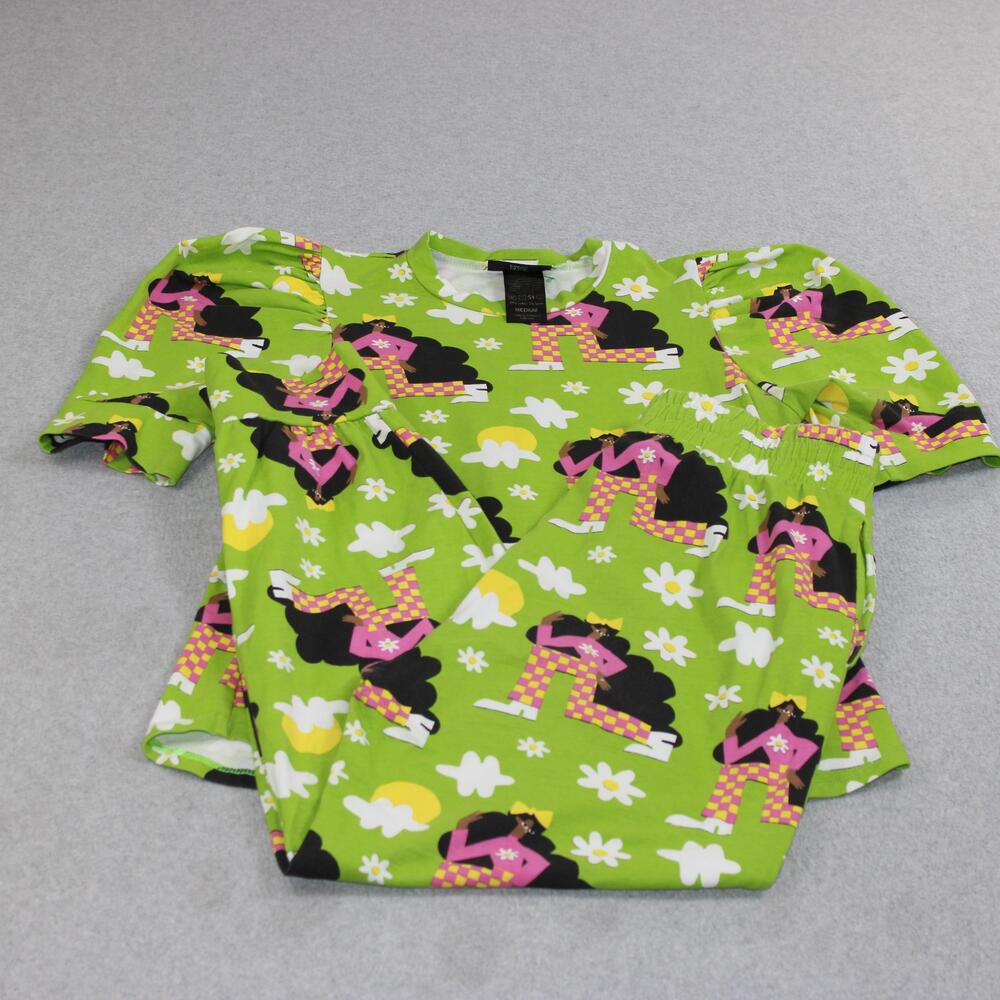 Nooworks Shirt Pants Set Women Medium Green Graphic Daisy Print Lounge Retro